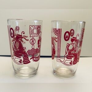 Juice glasses, Swanky Swig, clear glass with red details. Excellent condition.